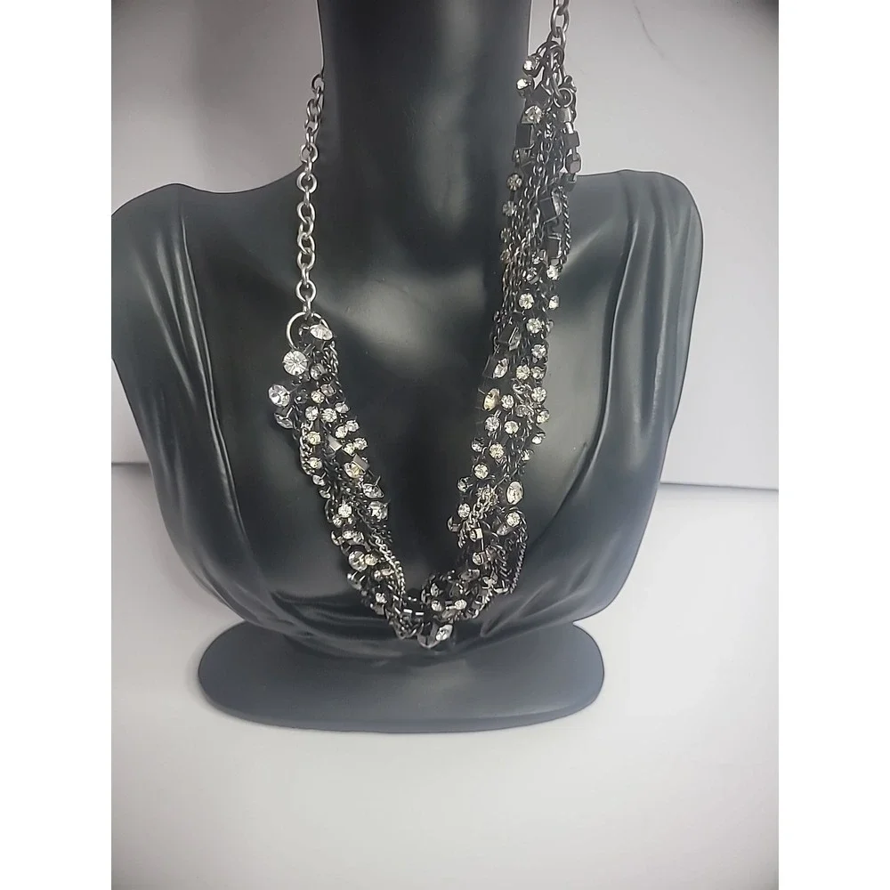 Vintage Silver Black Chain Crystals White Twisted Statement Jewelry Costume